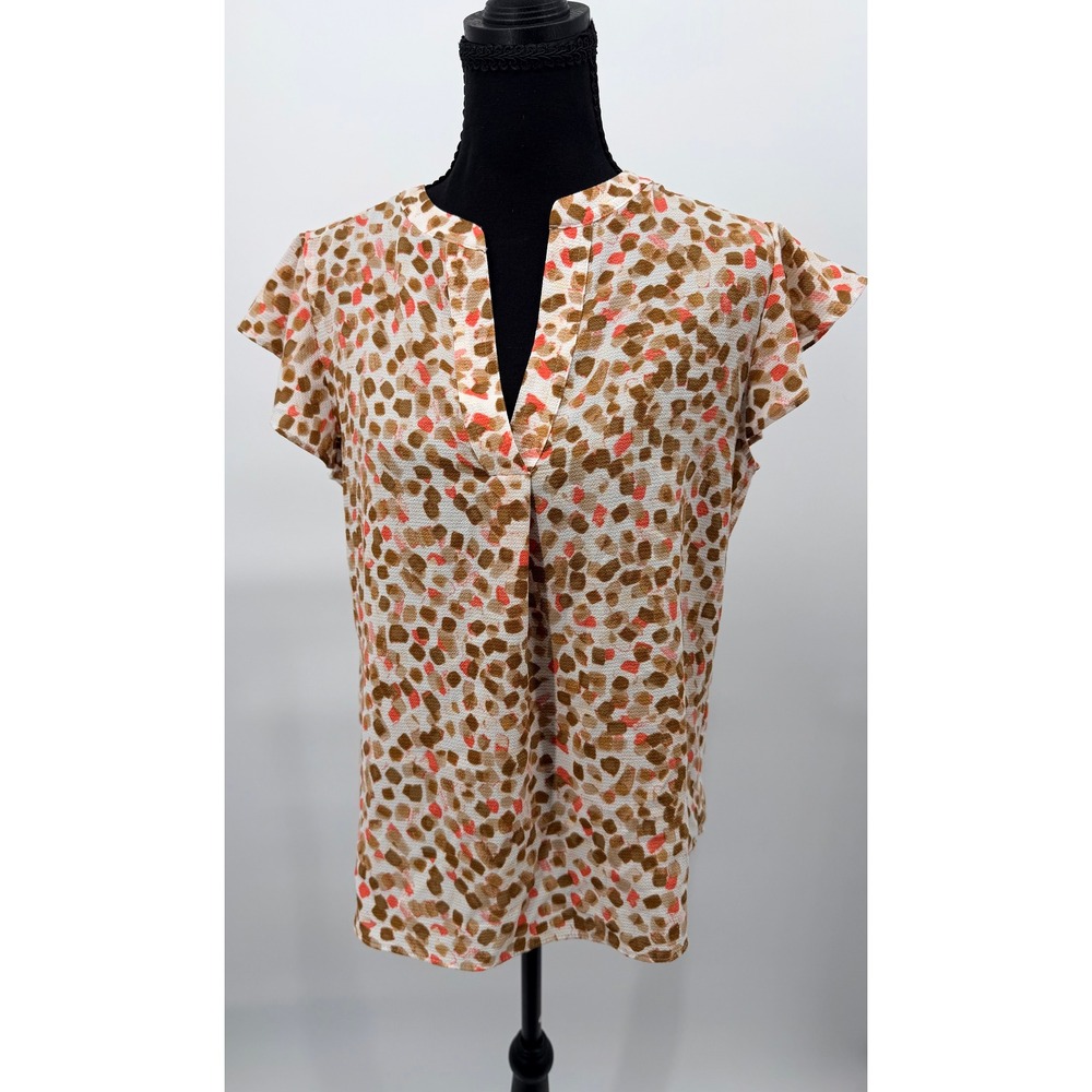 Calvin Klein Blouse Women Medium Brown Coral Excellent Abstract Flutter Sleeve